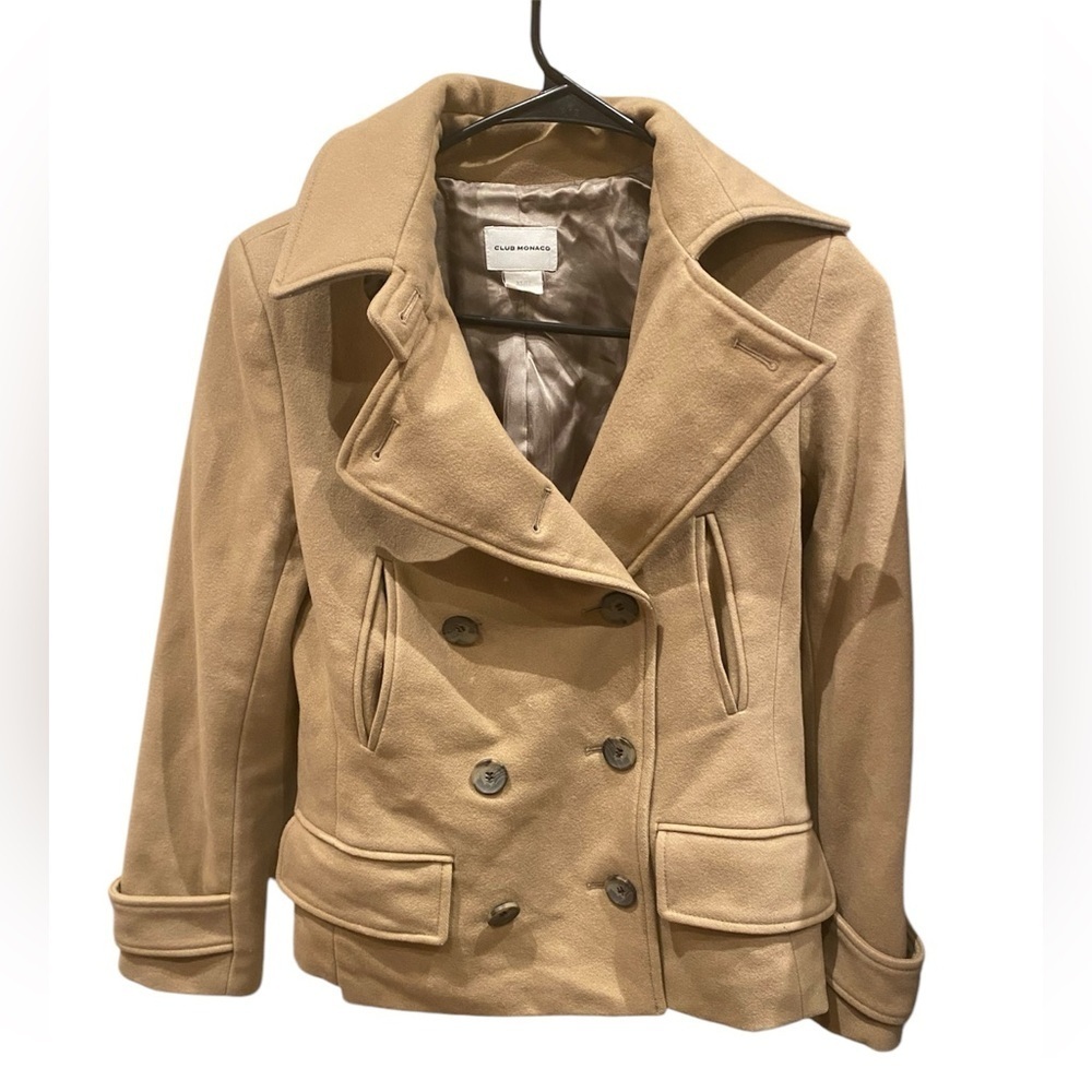 Club Monaco / tan khaki wool double breasted crop pea coat XS